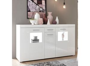 4251581574299 - Lomadox - Sideboard mit 2 Glastüren CLAVI-61 in Hochglanz weiß b h t ca 144 82 40 cm - weiß