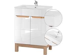 4251581575340 - Waschtisch inkl 61cm Keramikbecken SOLNA-56 Hochglanz weiß mit Wotaneiche b x h x t ca 61 x 85 x 46cm - weiß