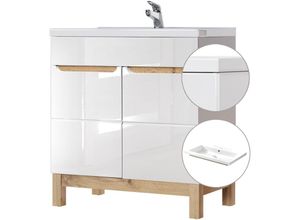 4251581575357 - Lomadox - Waschtischunterschrank inkl 81 cm Keramikbecken SOLNA-56 Hochglanz weiß Wotaneiche b x h x t ca 81 x 85 x 46cm - weiß