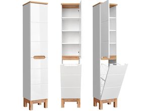 4251581575838 - Lomadox - Hochschrank mit Wäschekorb SOLNA-56 Hochglanz weiß mit Wotaneiche b x h x t ca 35 x 187 x 33cm - weiß