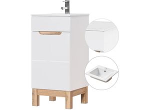 4251581576064 - Lomadox - Waschtisch 42cm mit Keramik Waschbecken SOLNA-56 Hochglanz weiß mit Wotaneiche b h t ca 42 85 42 cm - weiß