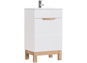 4251581576071 - Lomadox - Waschtischunterschrank mit 52cm Keramik-Waschbecken SOLNA-56 Hochglanz weiß Wotaneiche b h t ca 52 85 40 cm - weiß