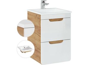 4251581577337 - Waschtisch 42 cm mit Keramik-Waschbecken LUTON-56 Hochglanz weiß mit Wotan Eiche Nb B H T ca 42 605 42 cm - weiß