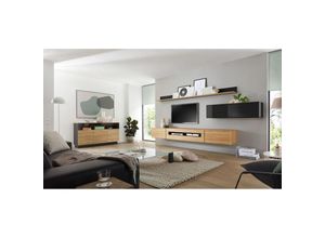 4251581584045 - Design Wohnwand Set mit Sideboard CHUR-61 in Hochglanz schwarz mit Eiche hell b h t ca 340 190 48 cm - schwarz