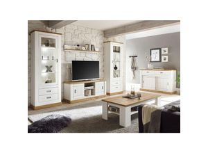 4251581585547 - Lomadox - Wohnwand OSIMO-61 mit Sideboard und Couchtisch Landhaus Design Pinie weiß Wotan Eiche b h t ca 324 204 40-46 cm - weiß