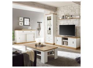 4251581585561 - Wohnzimmer-Set in Pinie weiß mit Wotan Eiche OSIMO-61 im Landhausstil mit Sideboard und Couchtisch - weiß