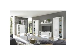 4251581585752 - Wohnzimmer Wohnwand Set in Hochglanz weiß MAILAND-61 mit Beleuchtung b h t 350 198 43cm - weiß