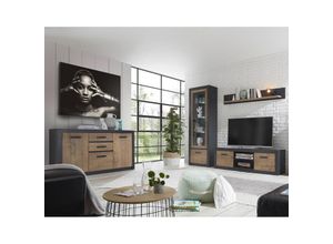 4251581591241 - Anbauwand mit Sideboard BAKU-61 inkl LED-Glaskantenbeleuchtung in Fresco anthrazit mit Kastanienbraun BxHxT ca 228x200x42 cm - braun