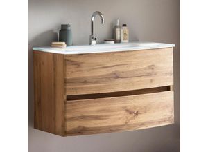 4251581593825 - Lomadox - Badezimmer Einzelwaschtisch 80 cm Wotaneiche Nb LAURIA-03 inkl Glaswaschbecken weiß BxHxT ca 80x53x49 cm - braun