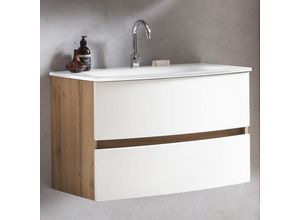 4251581593870 - Lomadox - Badezimmer Waschtisch 80 cm Wotaneiche Nb mit matt weiß LAURIA-03 inkl Glaswaschbecken weiß BxHxT ca 80x53x49 cm - braun