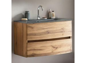 4251581593955 - Lomadox - Badezimmer Waschtisch 80 cm Wotaneiche Nb LAURIA-03 inkl Glaswaschbecken grau BxHxT ca 80x53x49 cm - braun