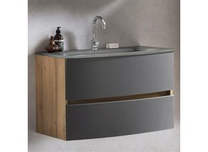 4251581593986 - Lomadox - Waschtisch Badezimmer 80 cm Wotaneiche Nb mit matt grau LAURIA-03 inkl Glaswaschbecken grau BxHxT ca 80x53x49 cm - braun