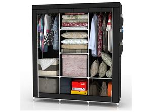 4251617421481 - Stoffschrank Faltschrank Kleiderschrank 130x175x45 cm in raben schwarz - mit Reißverschluss mit Kleiderstange Fächern und Seitentasche - black