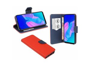 4251678471296 - cofi1453® Buch Tasche Fancy kompatibel mit HUAWEI P40 LITE E Handy Hülle Etui Brieftasche Schutzhülle mit Standfunktion Kartenfach Rot-Blau - Schwarz