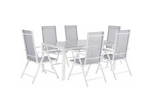 4251682209267 - Beliani - Gartenmöbel Set Grau Glas Aluminium Stoffbespannung 7-Teilig 6-Sitzer Modern Tisch 160 x 91 cm und 6 Stühle Terrasse Outdoor Ausstattung