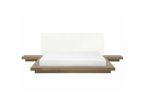 4251682217170 - Bett heller Holzfarbton Lattenrost 160 x 200 cm Holzfurnierte MDF Platte Mit Nachttischen Elegant Japanischen Stil