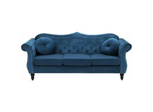 4251682217606 - Sofa Blau Samtstoff 3-Sitzer Chesterfield Stil Retro Zierkissen Wohnzimmer