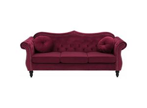 4251682217651 - Sofa Burgunderrot Samtstoff 3-Sitzer Chesterfield Stil Retro Zierkissen Wohnzimmer