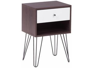 4251682219723 - Nachttisch Dunkler Holzfarbton Weiß mdf Platte Faserplatte Pulverbeschichtetes Metall 58 x 40 x 30 cm Modern Retro Stil Schublade Schlafzimmer