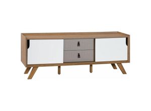 4251682222563 - Beliani - tv Möbel Weiß Heller Holzfarbton mdf Platte Kiefernholz Kunstleder 56 x 147 x 42 cm Modern Elegant Multifunktional 2 Schubladen Wohnzimmer