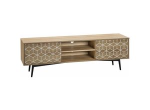 4251682222570 - Beliani - tv Möbel Heller Holzfarbton mdf Platte Stahl 50 x 160 x 40 cm Retro Elegant Weißes Geometrisches Muster Multifunktional Wohnzimmer - Heller