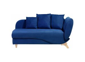 4251682223546 - Chaiselongue Rechtsseitig Dunkelblau Samtstoff Holzfüße Modern Mit Zierkissen Bettkasten - Heller Holzfarbton