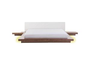 4251682224635 - Beliani - Bett Weiß und Hellbraun Kunstleder   MDF-Platten mit LED-Beleuchtung Lattenrost 180 x 200 cm 2 Nachttische Japanisch Schlafzimmer Doppelbett