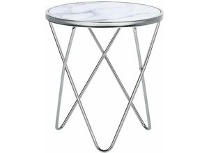 4251682225922 - Beliani - Beistelltisch Weiß Silber Sicherheitsglas Metall 50 x 55 cm v förmigen Füße Couchtisch Glänzend Marmor Optik Rund Modern