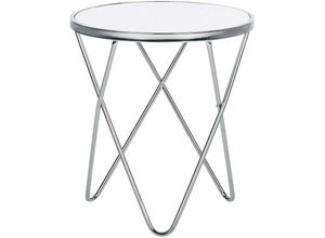 4251682225946 - Beliani - Beistelltisch Weiß Silber Sicherheitsglas Metall 50 x 55 cm v förmigen Füße Couchtisch Glänzend Rund Modern 4251682225946 - Beliani - Beistelltisch Weiß Silber Sicherheitsglas Metall 50 x 55 cm v förmigen Füße Couchtisch Glänzend Rund Modern