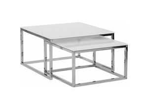 4251682229593 - Couchtisch 2er Set Weiß mit Silber Glastischplatte Metallbeinen Poliert Minimalistisch Quadratisch Modern