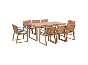 4251682232326 - Beliani - Gartenmöbel Set 8-Sitzer Hellbraun Akazienholz Tisch mit 8 Stühlen und Sitzkissen Marineblau Rustikal Modern Terrasse Garten Ausstattung