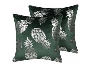 4251682235327 - Beliani - Dekokissen 2er Set Grün Silber Polsterbezug aus Samtstoff Ananas-Motiv 45 x 45 cm Wohnzimmer Salon Schlafzimmer