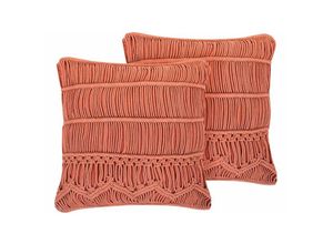 4251682235723 - Beliani - Dekokissen 2er Set Orange Baumwolle 45 x 45 cm Strickmuster Boho-Stil Wohnzimmer Salon Schlafzimmer