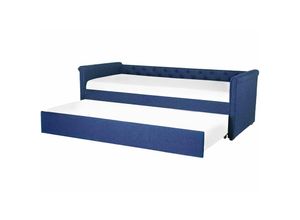 4251682238748 - Beliani - Tagesbett Ausziehbett Blau 80 x 200 cm Ausziehbar Polsterbezug Leinenoptik Mit Lattenrost Knopfverzierung Praktisch Modern - Blau