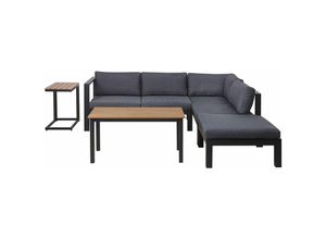 4251682239110 - Beliani - Lounge Set Schwarz Aluminium und Kunstholz mit Auflagen Grau Stoff Skandi Modern 5-Sitzer Ecksofa Ottomane und 2 Couchtische Terrasse Garten