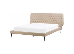 4251682240314 - Bett Beige Kunstleder mit Lattenrost 160 x 200 cm dekoratives Kopfteil mit vertikaler Versteppung Modern Schlafzimmer