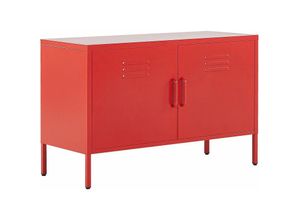 4251682240444 - Beliani - Metallschrank Rot Stahl 100 x 40 x 65 cm Sideboard mit hohen Füßen Türen Griffen Regalboden Wohnzimmer Büro Arbeitszimmer Flur Bad