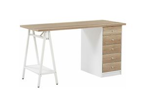 4251682241212 - Beliani - Schreibtisch heller Holzfarbton weiss Spannplattel 140x60 cm 5 Schubladen Büro Kinderzimmer Schule - Heller Holzfarbton