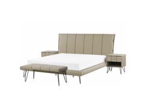 4251682241755 - Bett mit Bettbank und 2 Nachttischen Beige Kunstleder Lattenrost 160x200 cm dekoratives Kopfteil mit vertikaler Versteppung Modern