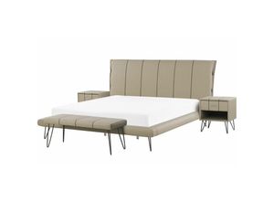 4251682241762 - Beliani - Bett mit Bettbank und 2 Nachttischen Beige Kunstleder Lattenrost 180x200 cm dekoratives Kopfteil mit vertikaler Versteppung Modern