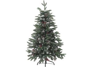 4251682244299 - Weihnachtsbaum 120 cm Grün  Rot Schnee bestreut mit Zapfen Stechpalmenbeeren und Kunstschnee Weihnachtszeit  Weihnachten  Wohnzimmer Modern