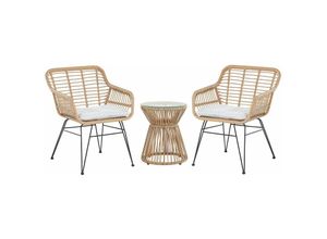 4251682244855 - Beliani - Balkonset Hellbraun Rattan Stahl Sicherheitsglas 2 Stühle Beistellstisch mit Auflagen Balkon Terrasse Garten