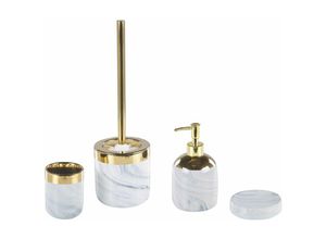 4251682254915 - Beliani - Badezimmer Set Weiß und Gold Keramik 4-teilig Trinkglas Seifenschale Seifenspdender Toilettenbürste Badezimmer