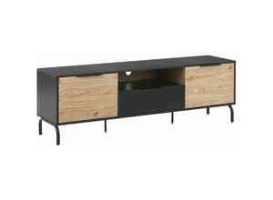 4251682256803 - Beliani - TV-Möbel Schwarz   Heller Holzfarbton Spanplatte Metall 52 x 160 x 41 cm Modern 2 Türe mit Schublade Offenes Fach Praktisch Wohnzimmer