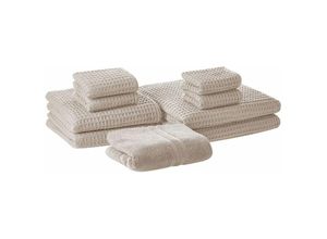 4251682258692 - Beliani - Badehandtuch Set mit Badematte 9-teilig Beige Baumwolle Zero-Twist-Garn verschiedene Größen Badezimmer Ausstattung