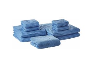 4251682258708 - Beliani - Badehandtuch Set mit Badematte 9-teilig Blau Baumwolle Zero-Twist-Garn verschiedene Größen Badezimmer Ausstattung