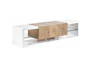 4251682260879 - Beliani - TV-Möbel Weiß   Heller Holzfarbton 40 x 160 x 42 cm Modern mit Schublade MDF-Platte Sicherheitsglas Offene Fächer Praktisch Wohnzimmer