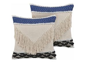 4251682264341 - Beliani - Dekokissen Beige   Blau Baumwolle 45 x 45 cm mit dekorativen Fransen im 2er Set Boho-Stil Wohnzimmer Salon Schlafzimmer