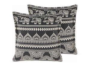 4251682264471 - Beliani - Dekokissen 2er Set Schwarz   Creme Baumwolle mit Polyester-Füllung 45x45 cm orientalisch Elefantenmotiv Accessories Wohn- u Schlafzimmer