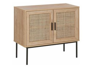 4251682265881 - Beliani - Sideboard Heller Holzfarbton Schwarze Metallbeine und Handgriffe 72 x 80 x 40 cm Boho Stil Zwei Rattan Türen Schlafzimmer Wohnzimmer